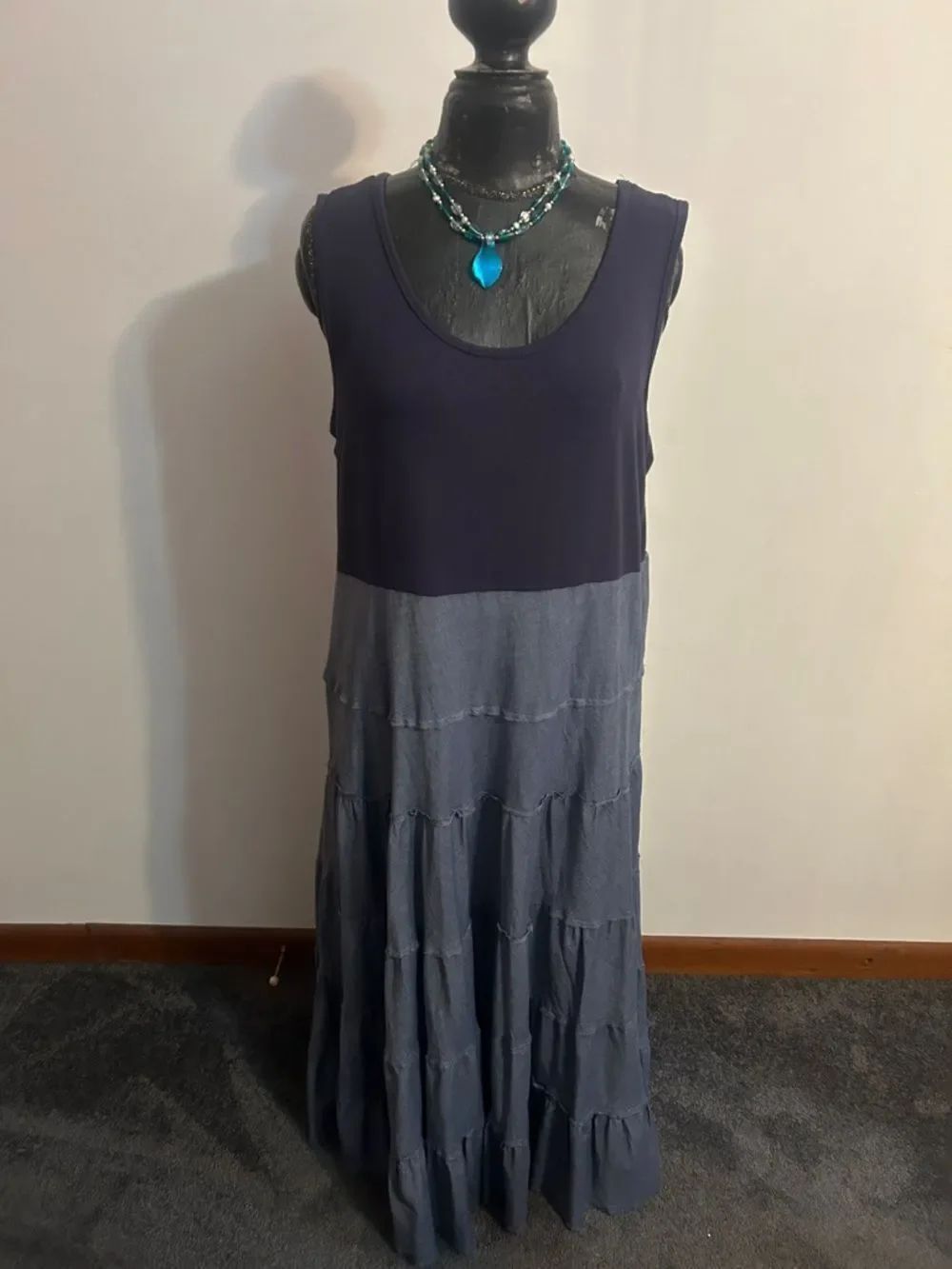 Chelse & Theodore sleeveless Navy bodice denim tiered Maxi Dress